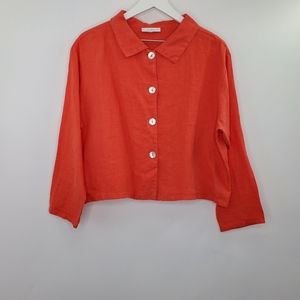 Bryn Walker Red Linen Button Up Top Oversized Collar Lagenlook Boho Minimal
